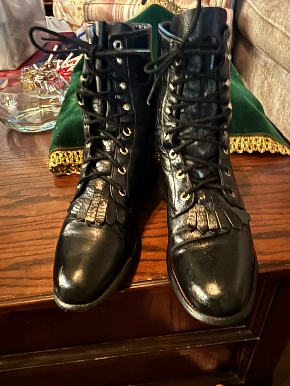 Vintage Justin 506 Black Leather Kiltie Lace Up Roper Cowboy Boots Mens 8.5